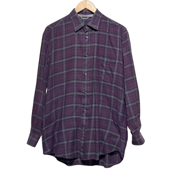 Zegna Sport Button Up Long Sleeve Purple Plaid Lightweight Shirt Mens Size Large - Picture 1 of 10